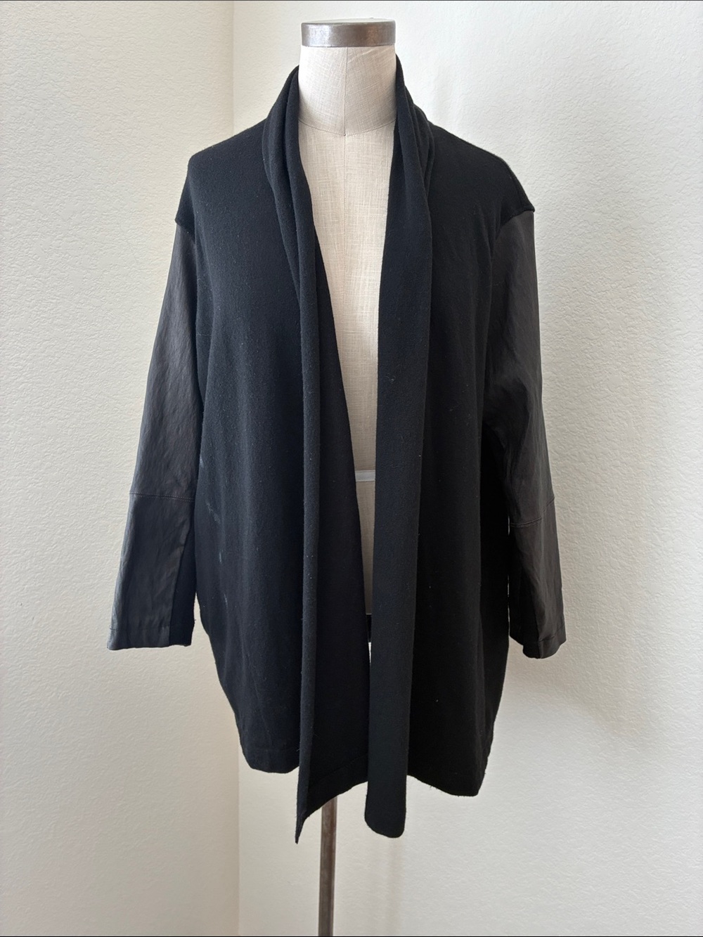 Majestic Paris for Neiman Marcus sz 5 / XL Black Cardigan Leather Sleeves Goth
